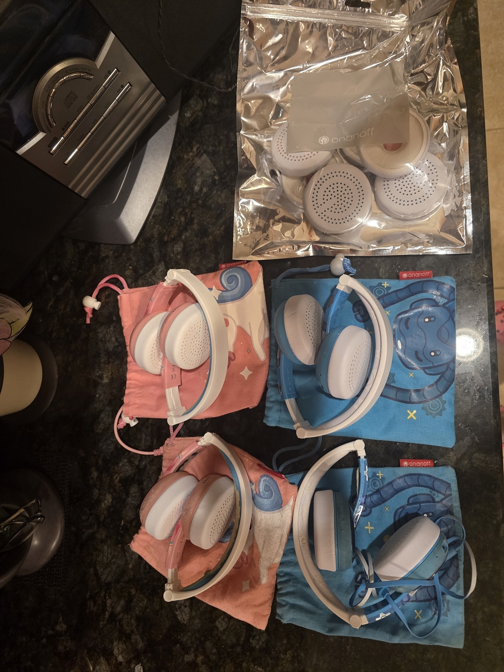 Onanoff Kids Headphones Set in Pink and Blue with White Ear Cups